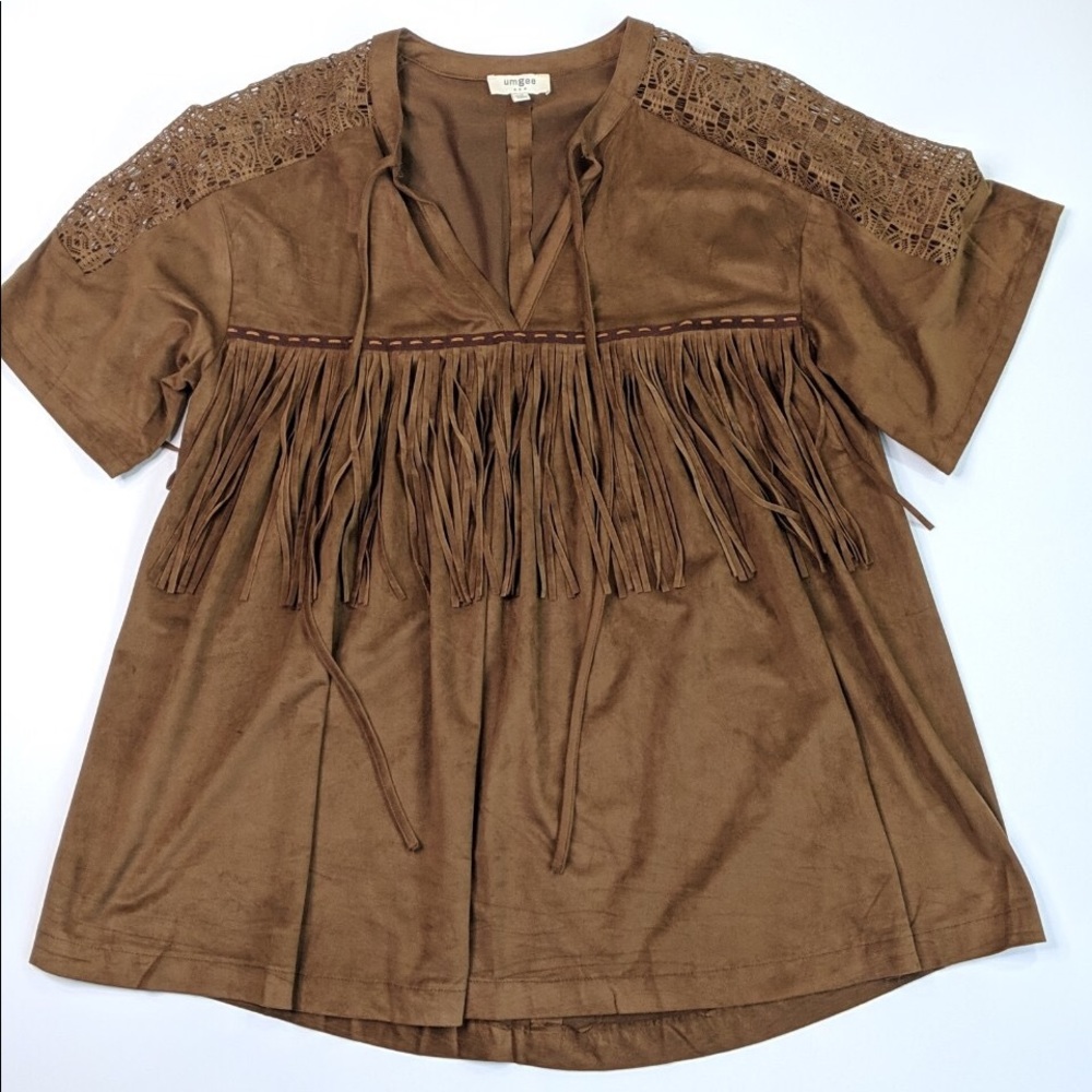Umgee Soft Faux Suede Fringe Western Top Medium